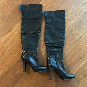Vintage Black Leather Knee High Heeled Boots Made in Italy